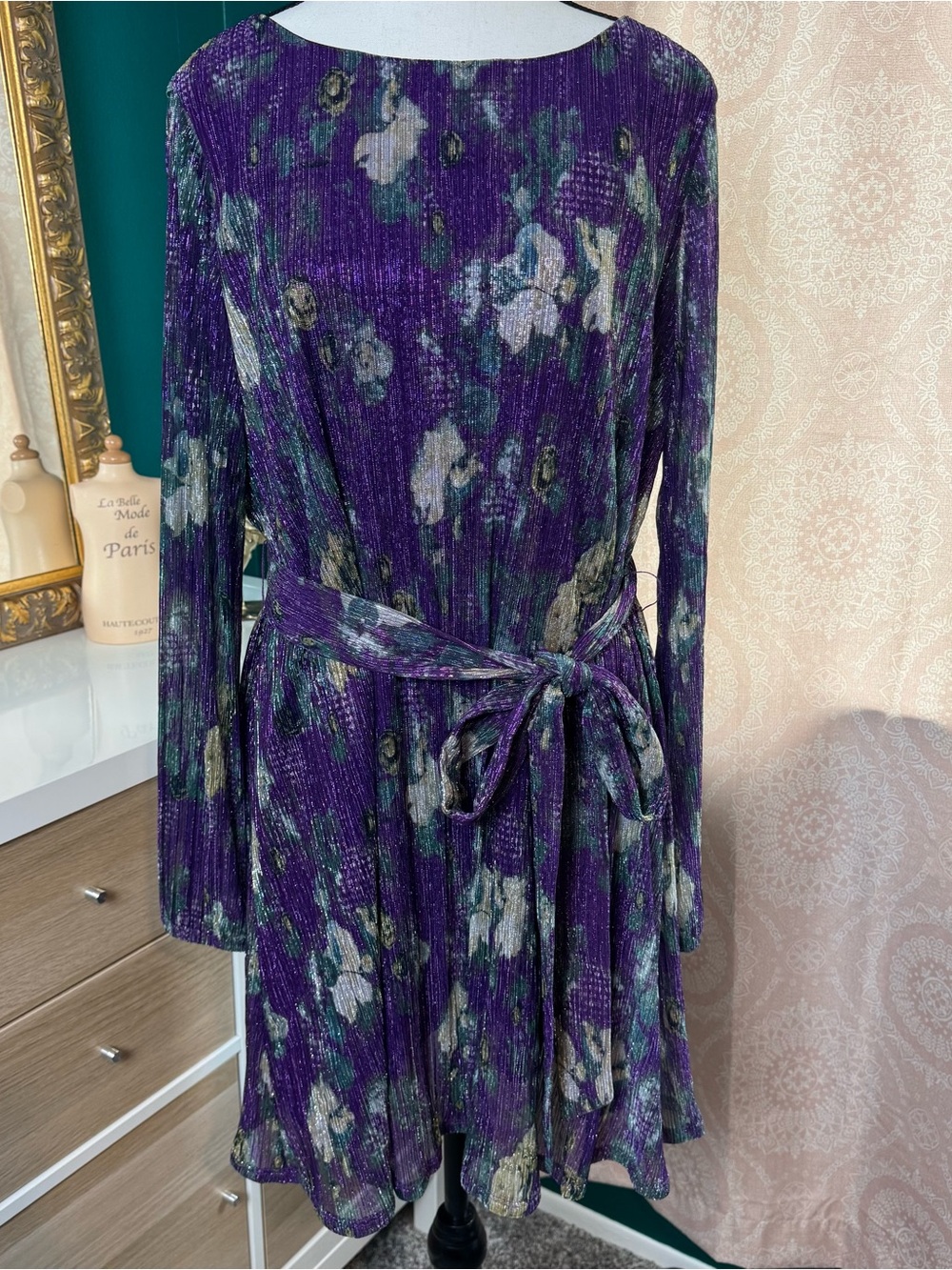 Dress the Population Purple Long Sleeve Metallic Floral Dress Tie Waist Size XL